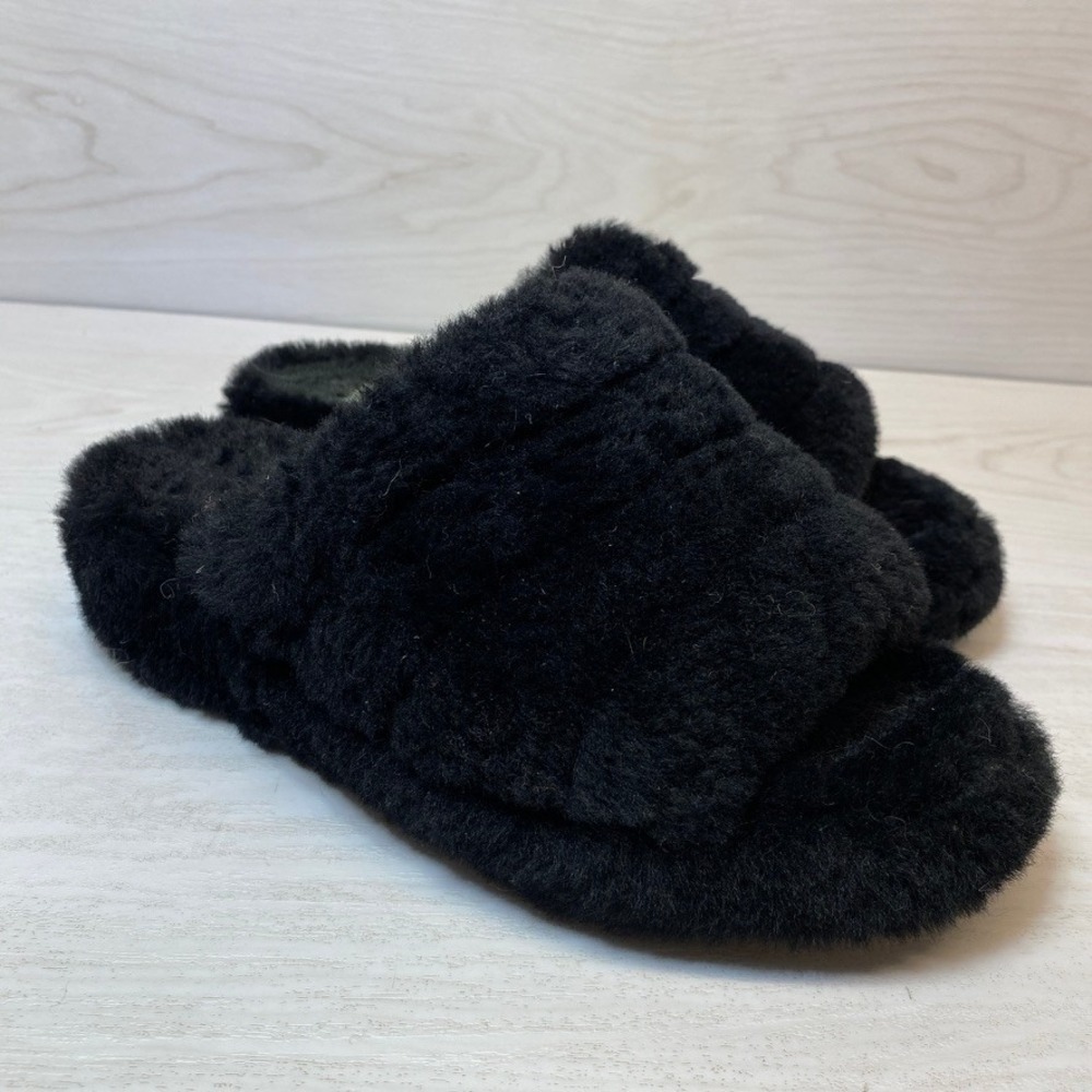UGG Womens 7 Coquette Fluff yeah Slippers Slide Black Sheepskin Fur House Shoe